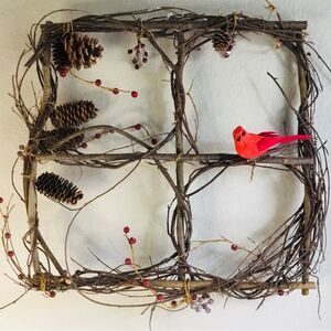 18” x 18” rustic twig branch window twine and red cardinal bird winter decor